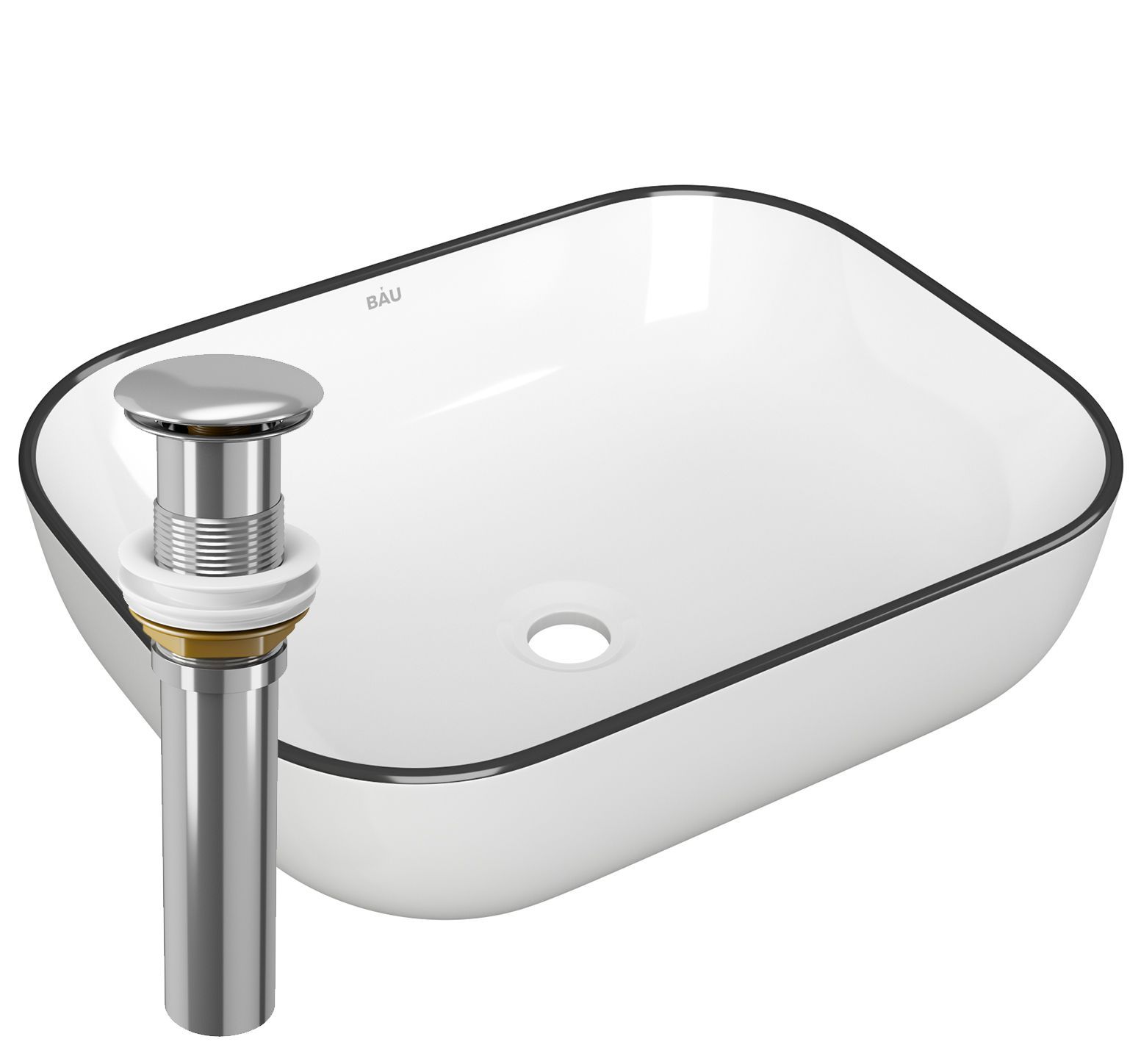 Раковина накладная прямоугольная BAU Stil 50х40, белая, черный кант + выпуск клик-клак, хром