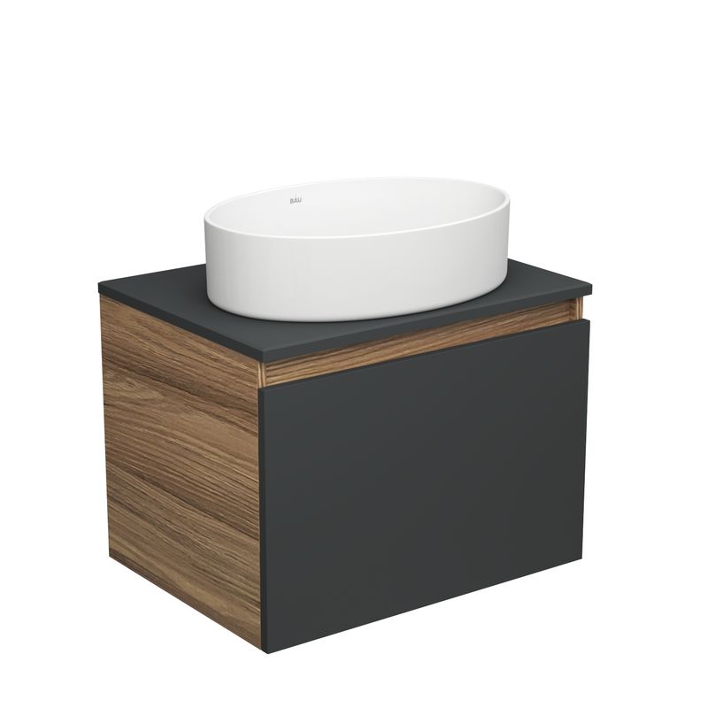 Тумба с раковиной (тумба подвесная Bau Dream Blackwood 60, графит + раковина санфаянс накладная овальная BAU Nimb Размер 50х36)