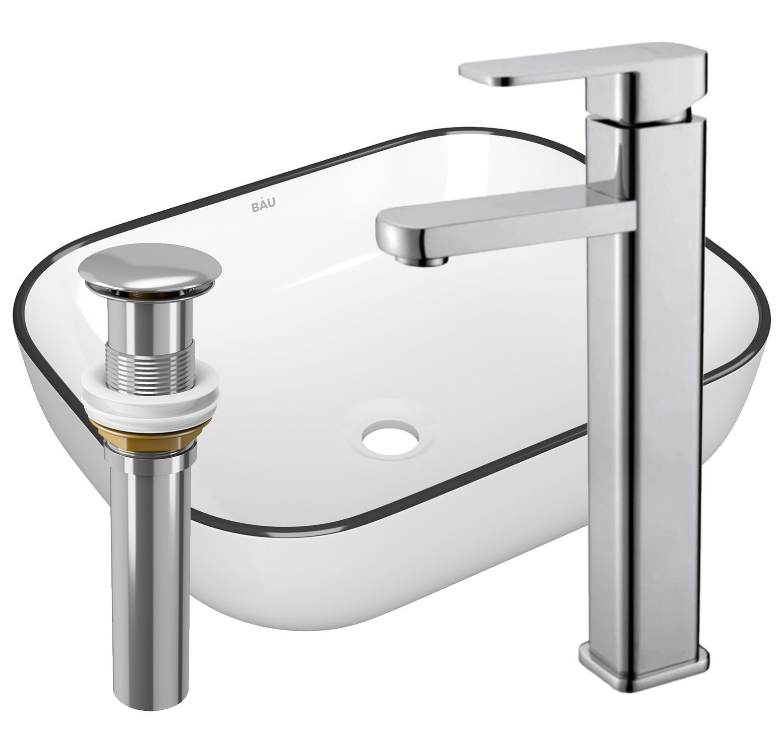 Раковина накладная со смесителем и выпуском (прямоугольная BAU Stil 50х40, белая + смеситель Hotel Still, нер. сталь, выпуск клик-клак хром)