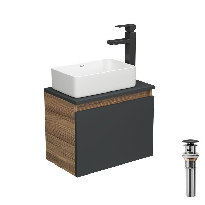 Комплект для ванной, 4 предмета (тумба Bau 50, графит + раковина BAU Hotel mini 38х24 + смеситель Hotel Black, выпуск клик-клак, черный)