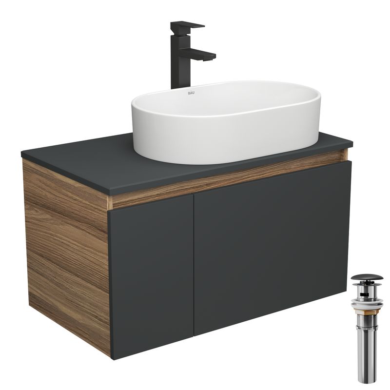 Комплект для ванной, 4 предмета (тумба Bau 80, графит + раковина BAU Nimb 56х36 + смеситель Hotel Black, выпуск клик-клак, черный)