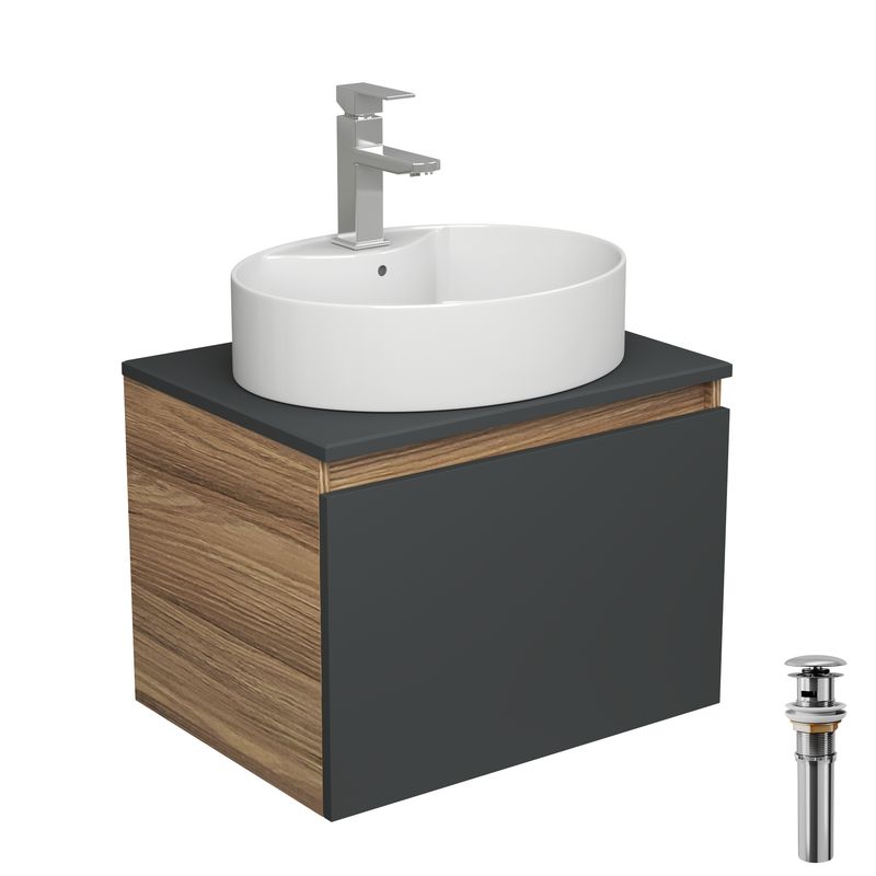 Комплект для ванной, 4 предмета (Тумба подвесная Bau Blackwood 60 графит + Раковина BAU 51х41, с отв. под см-ль, Смеситель Hotel, нерж. сталь, выпуск)