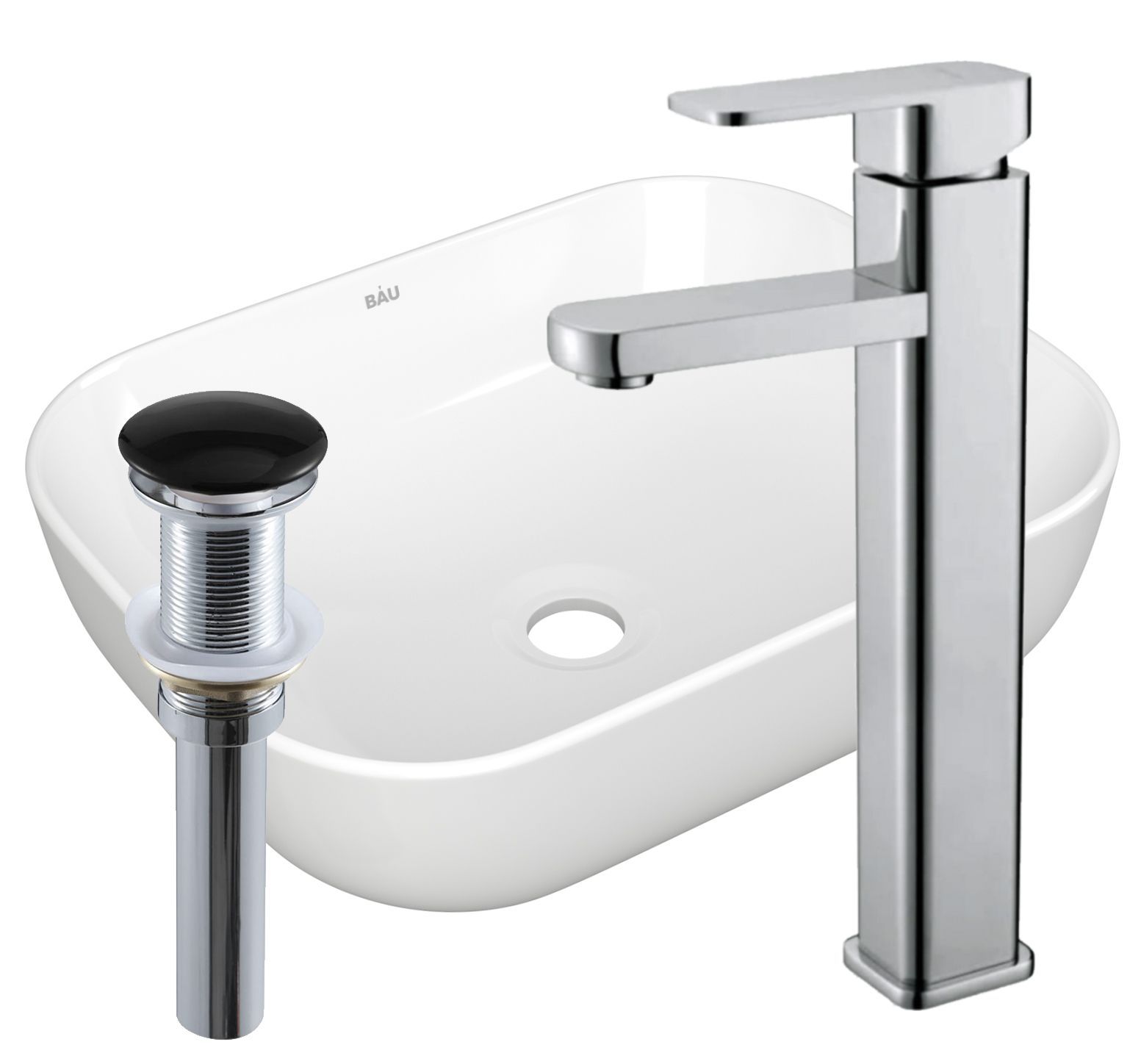 Раковина накладная со смесителем и выпуском (прямоугольная BAU Stil Pro 50х40, белая + смеситель Hotel Still, нер. сталь, выпуск клик-клак черный)