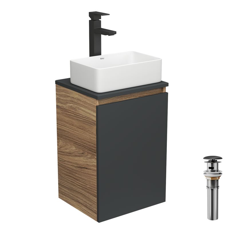 Комплект для ванной, 4 предмета (тумба Bau 40, графит + раковина BAU Hotel mini 37х23 + смеситель Hotel Black, выпуск клик-клак, черный)