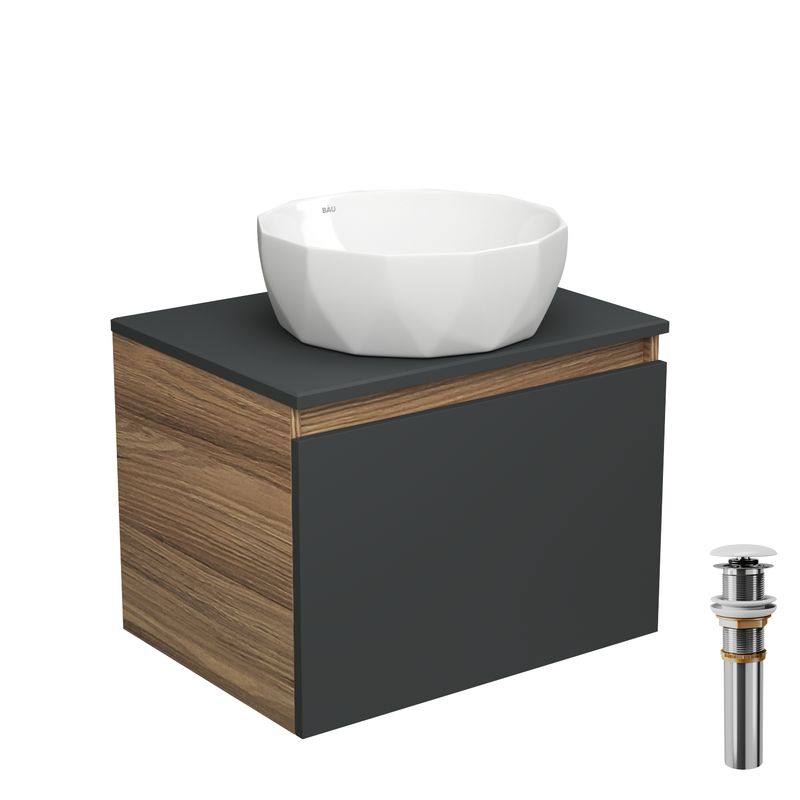 Тумба с раковиной и выпуском (тумба Bau Dream 60, графит + раковина накладная на столешницу BAU Diamond D40, выпуск клик-клак, белый)