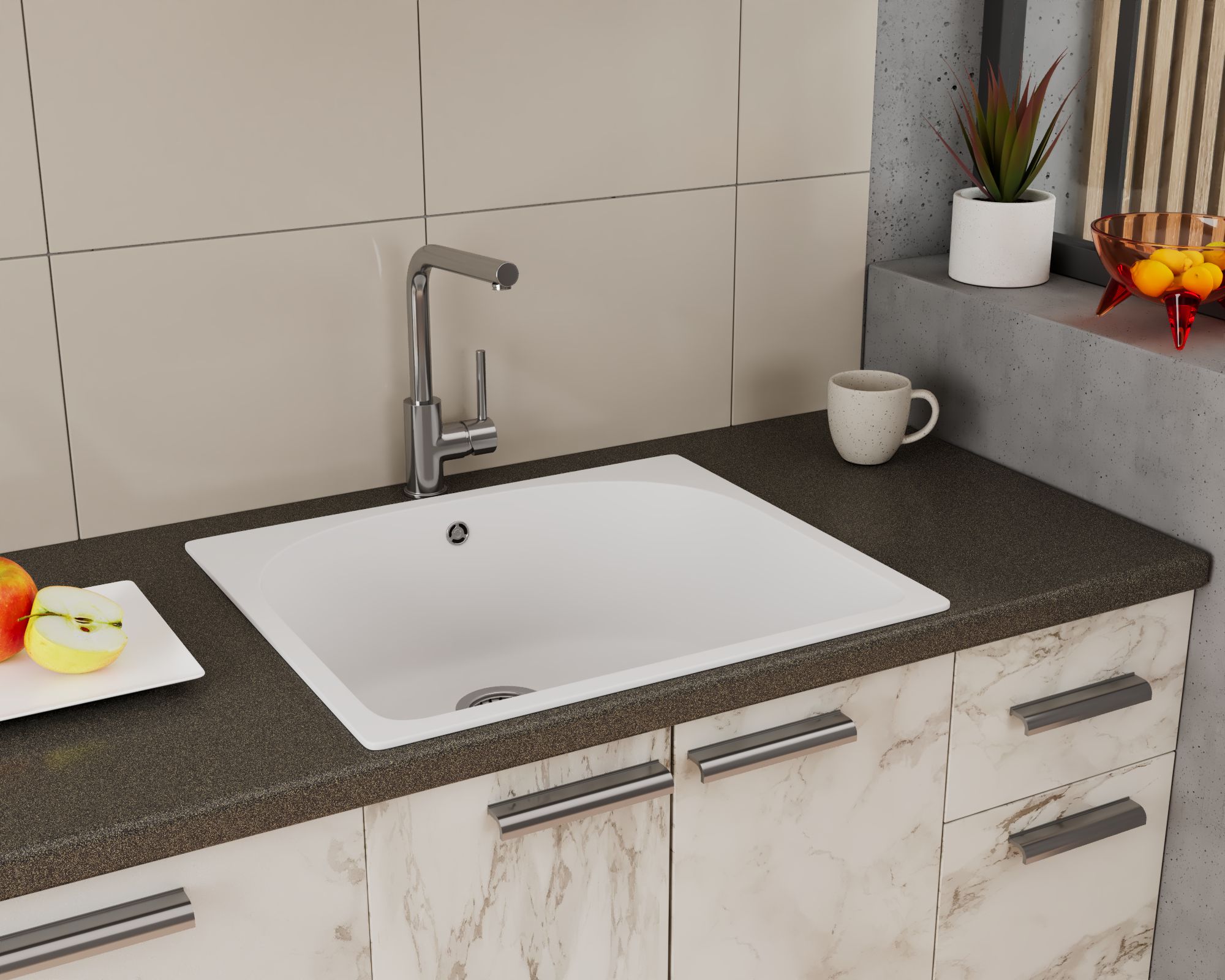 Мойка для кухни BAU Mif White snow 59х51, выпуск с сифоном в комплекте, белый снег