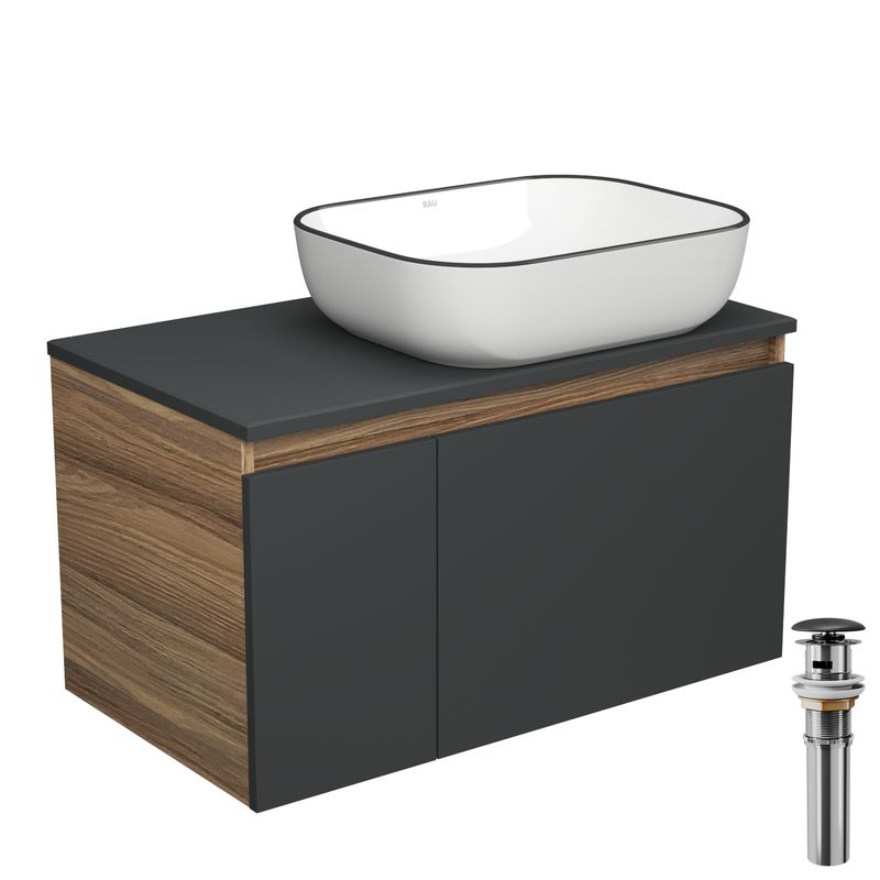 Тумба с раковиной и выпуском (тумба Bau Dream 80, графит + раковина санфаянс накладная BAU Stil Black Rand 50х40, выпуск клик-клак, черный)