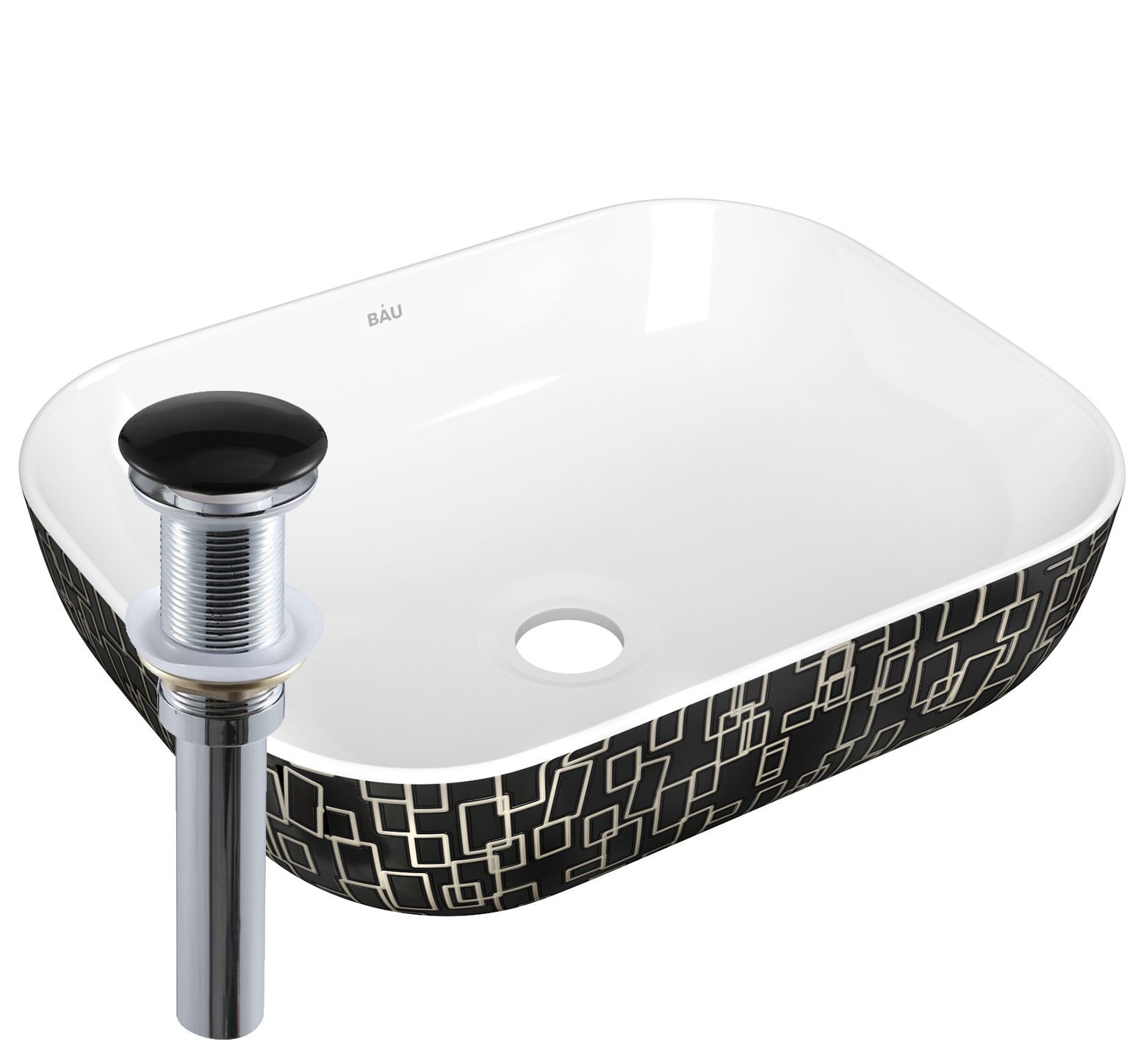 Раковина накладная прямоугольная BAU Stil 50х40, белая/черная с орнаментом + выпуск клик-клак, черный