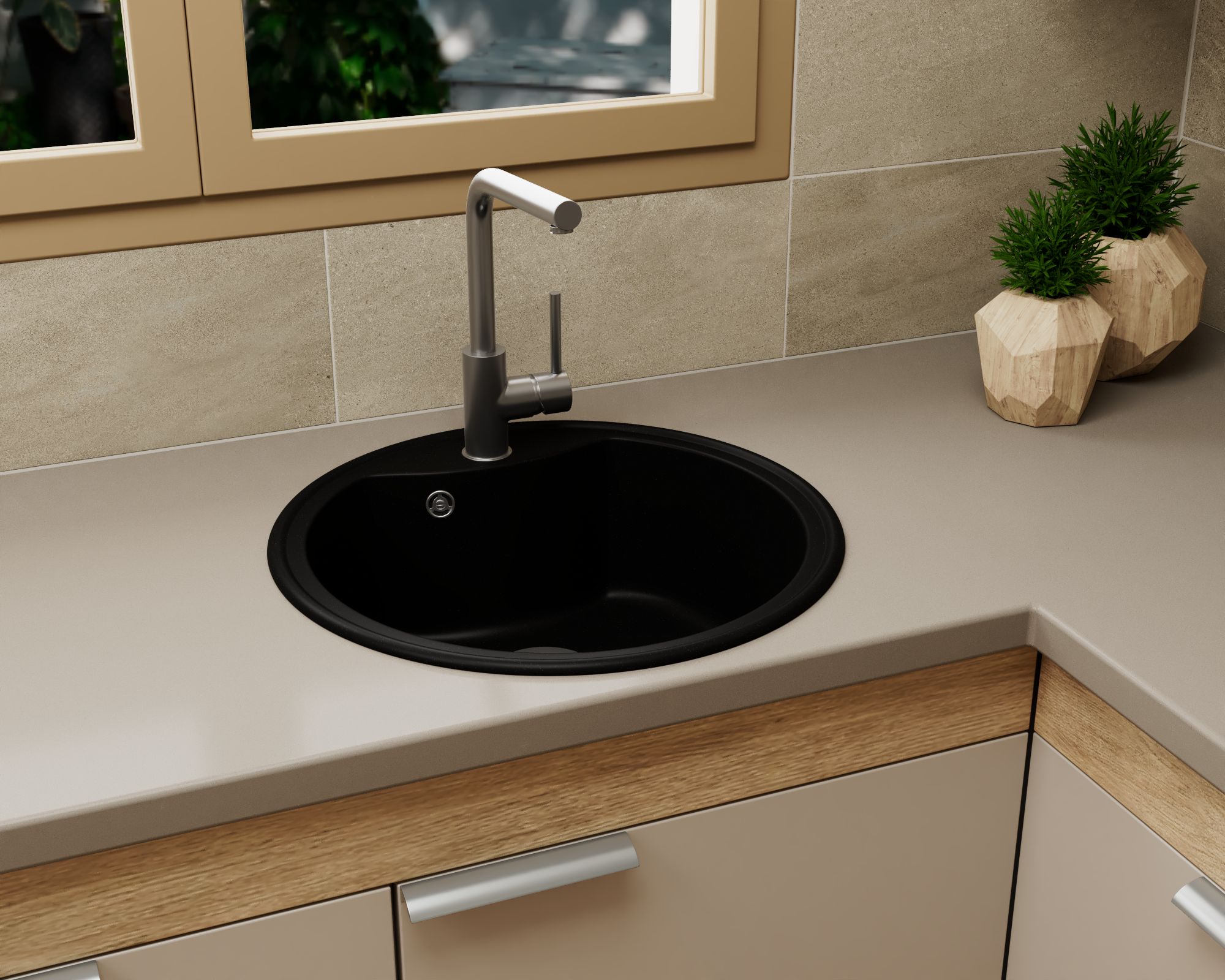 Мойка для кухни BAU Dream Black coal D 51, выпуск с сифоном в комплекте, черный уголь