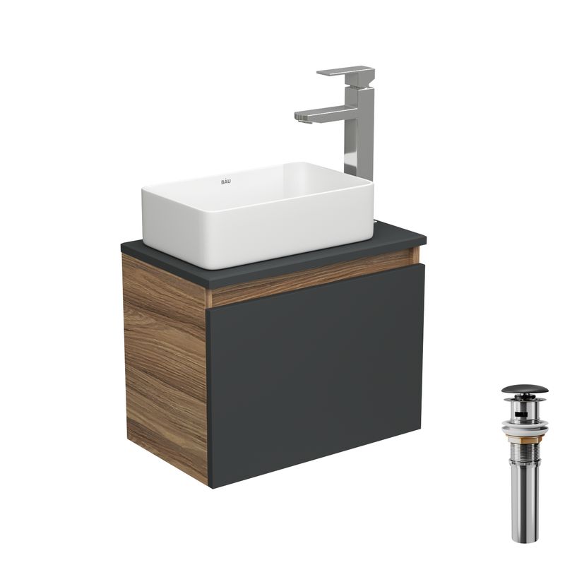 Комплект для ванной, 4 предмета (тумба Bau 50, графит + раковина BAU Hotel mini 38х24 + смеситель Hotel Still, выпуск клик-клак, черный)
