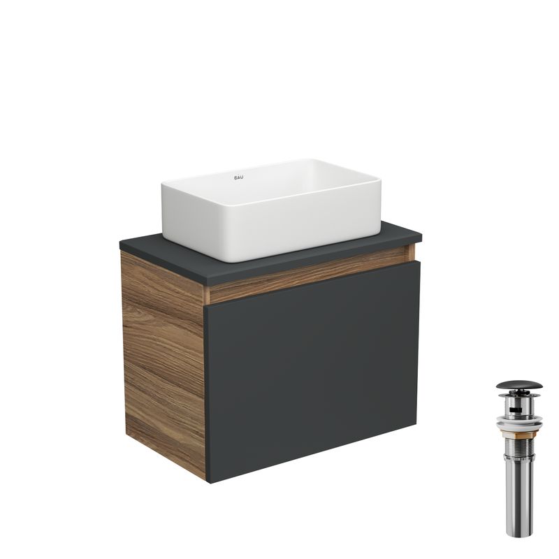 Тумба с раковиной и выпуском (тумба Bau Dream 50, графит + раковина санфаянс накладная прямоугольная BAU Hotel mini 37х23, выпуск клик-клак, черный)