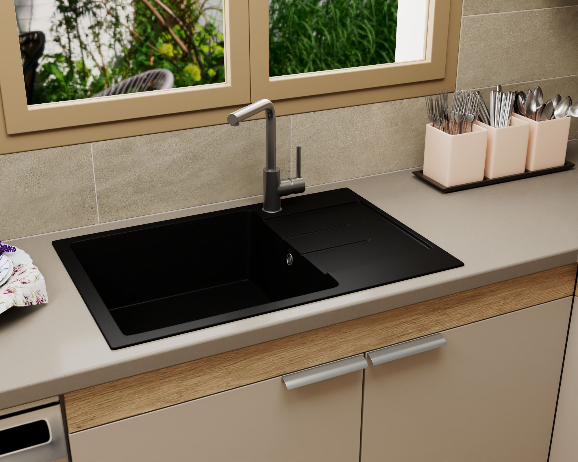 Мойка для кухни оборачиваемая с крылом BAU Stil Black coal 76х50, выпуск с сифоном в комплекте, черный уголь