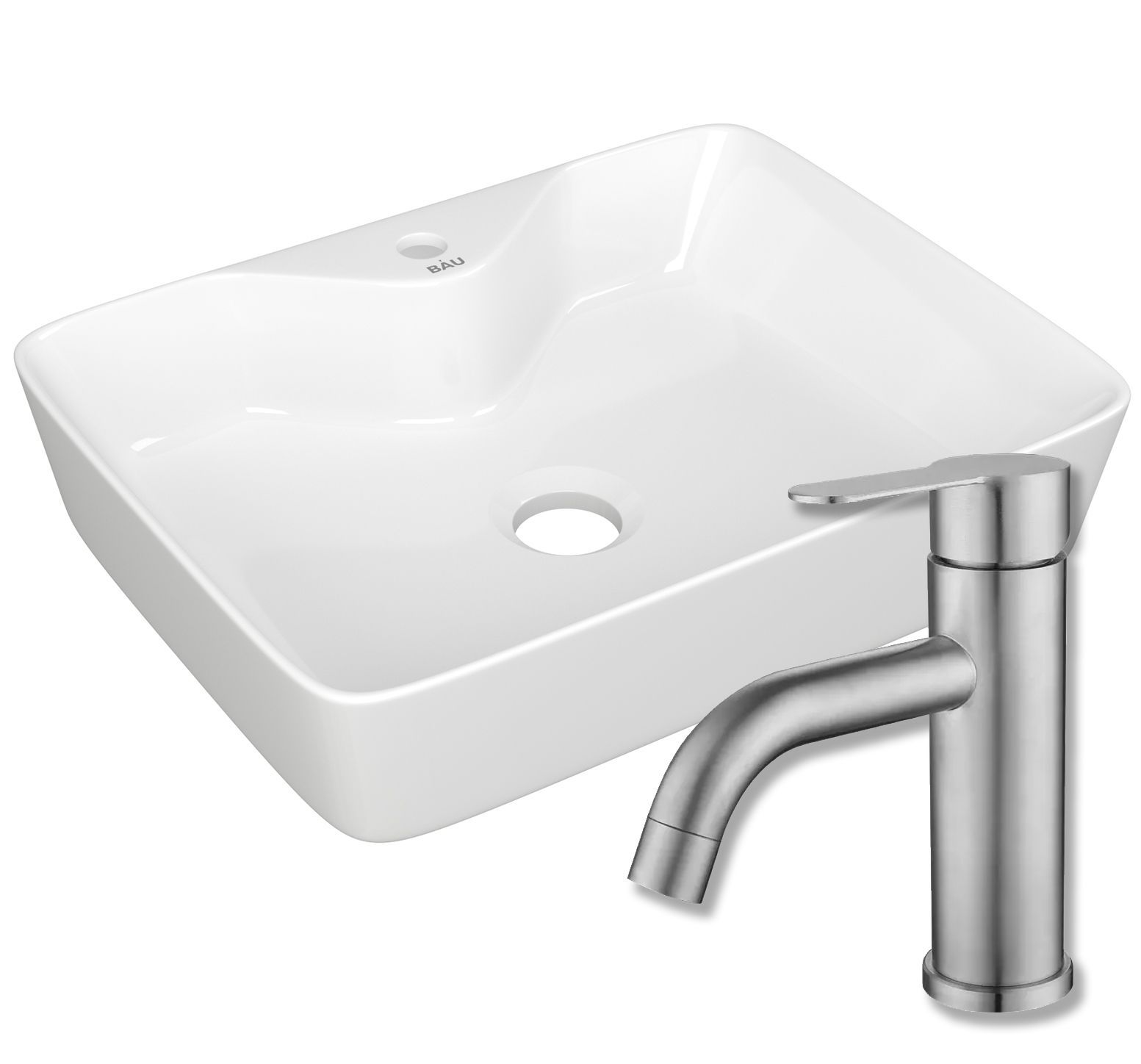 Раковина накладная прямоугольная BAU Cerama 48х37, белая + смеситель Dream, нержавеющая сталь
