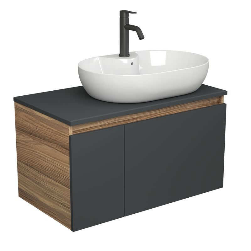 Комплект для ванной, 3 предмета (Тумба подвесная Bau Blackwood 80 графит + Раковина BAU 60х42, с отв. под см-ль, Смеситель Dream Black, черный)