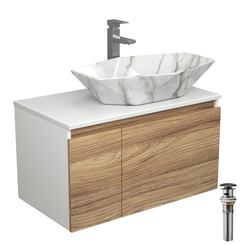 Комплект для ванной, 4 предмета (Тумба подвесная Bau Blackwood 80 + Раковина BAU 64х40, мрамор + Смеситель Hotel Still, нерж. сталь, выпуск черный)