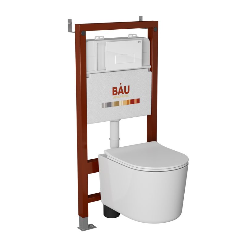 Комплект BAU 6 в 1: инсталляция BAU PRO, унитаз подвесной безободковый Bau Hotel PRO, сиденье быстросъемное микролифт, клавиша BAU Stil, белый глянец