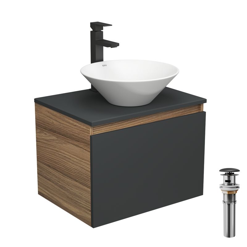 Комплект для ванной, 4 предмета (тумба Bau 60, графит + раковина BAU Dream D43 + смеситель Hotel Black, выпуск клик-клак, черный)