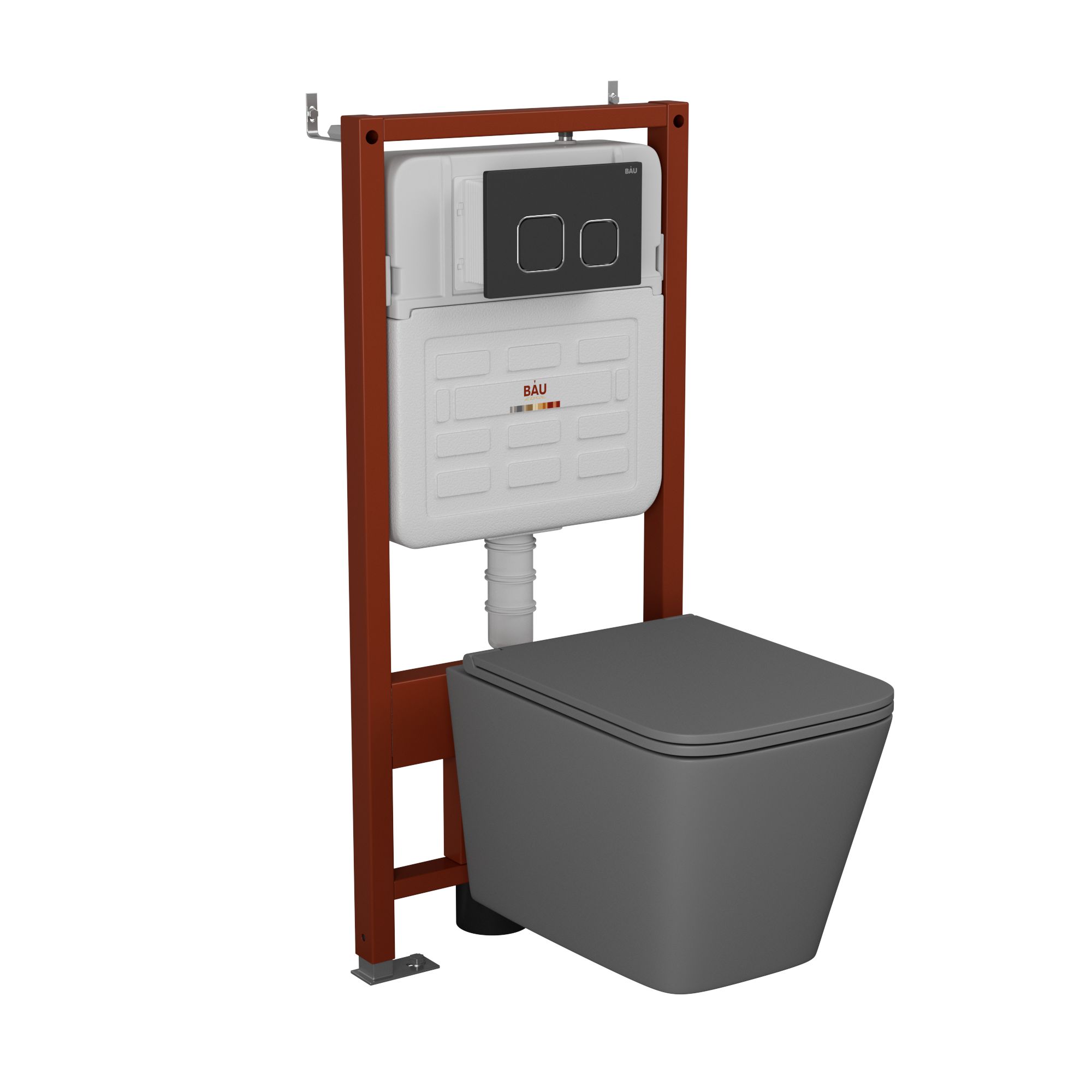 Комплект BAU 6 в 1: усиленная инсталляция BAU IDEAL, унитаз подвесной безободковый торнадо обратного потока Bau Stil Hurricane-2 темно-серый матовый, сиденье микролифт, клавиша BAU Strike, черная