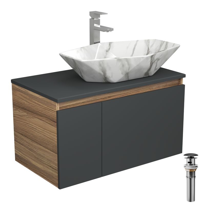 Комплект для ванной, 4 предмета (Тумба подвесная Bau Blackwood 80 графит + Раковина BAU 64х40, мрамор + Смеситель Hotel Still, выпуск черный)