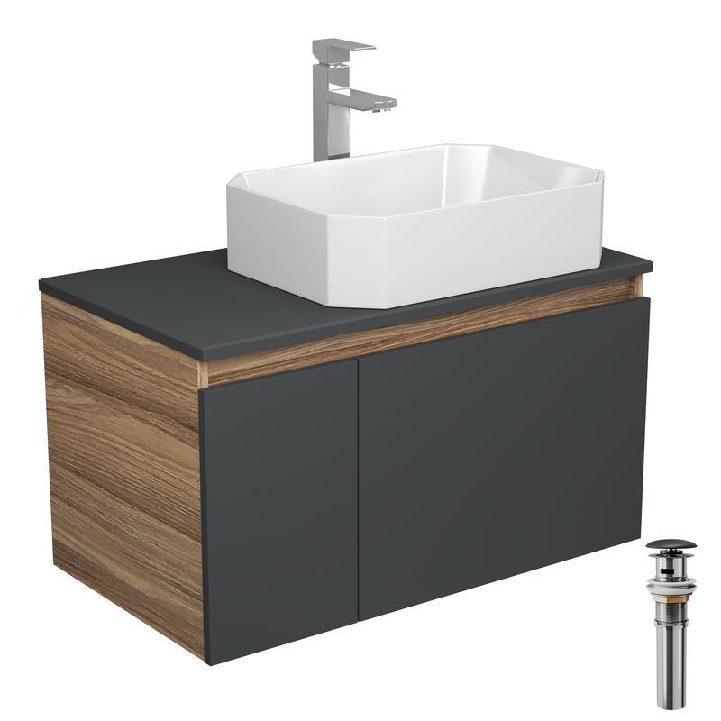 Комплект для ванной, 4 предмета (Тумба подвесная Bau Blackwood 80 графит + Раковина BAU Hotel 51х37 + Смеситель Hotel Still, выпуск черный)