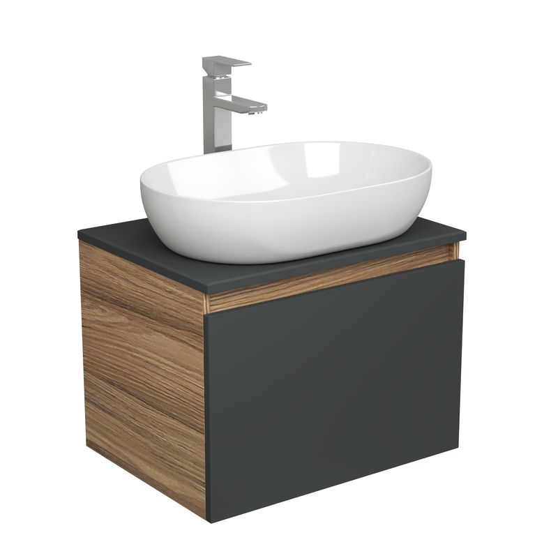 Комплект для ванной, 3 предмета (Тумба подвесная Bau Blackwood 60 графит + Раковина BAU 59х40, Смеситель высокий Hotel Still, нерж. сталь)