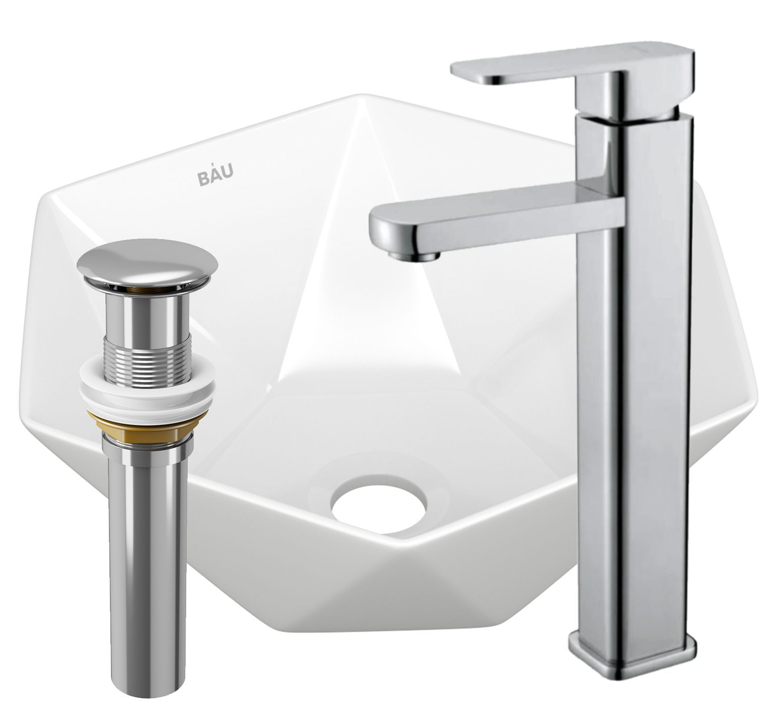 Раковина накладная со смесителем и выпуском (на столешницу BAU Crystal 40х40, белая + смеситель Hotel Still, нер. сталь, выпуск клик-клак хром)