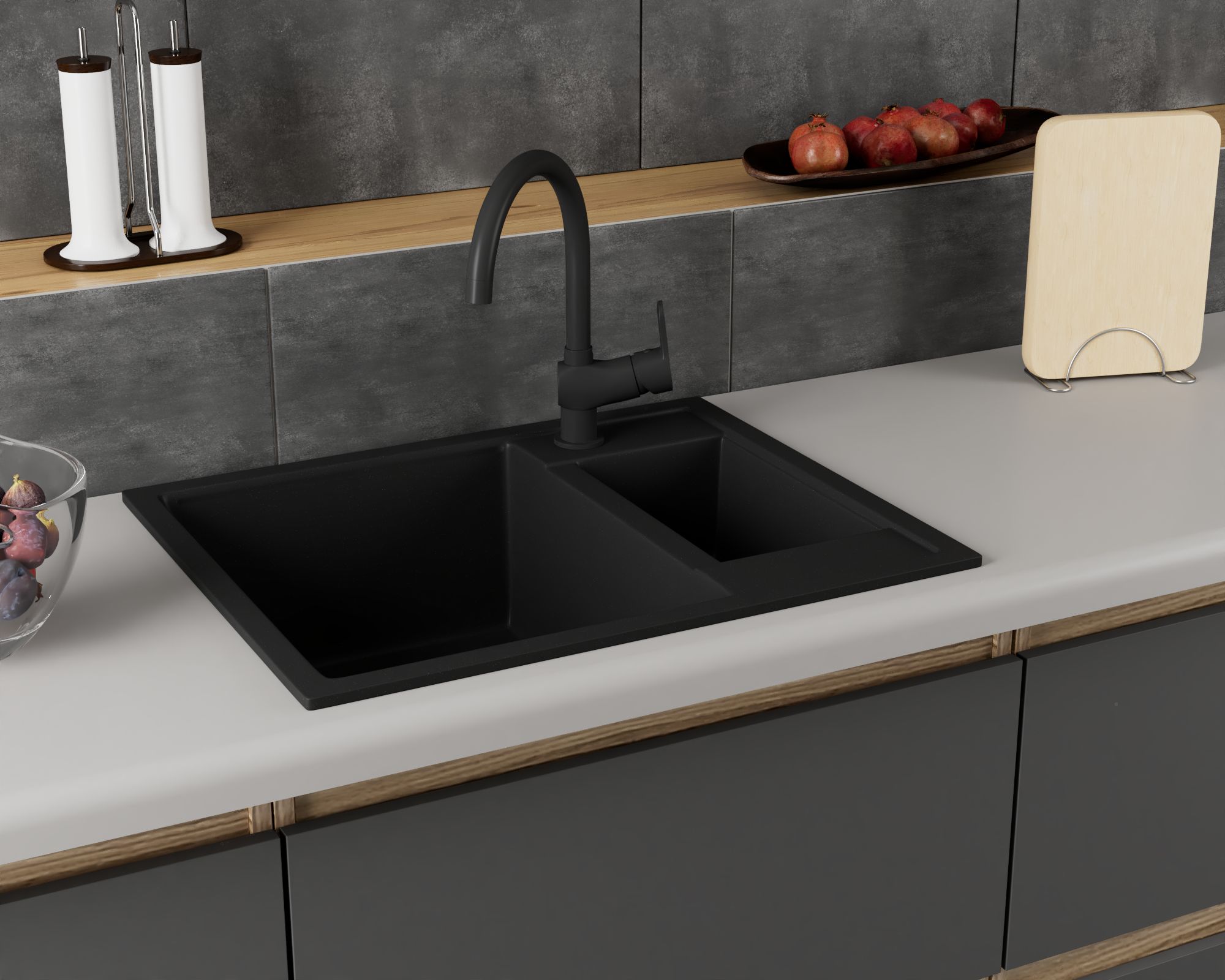 Мойка для кухни оборачиваемая полуторная чаша BAU Stil Black coal 60х50, выпуск с сифоном в комплекте, черный уголь