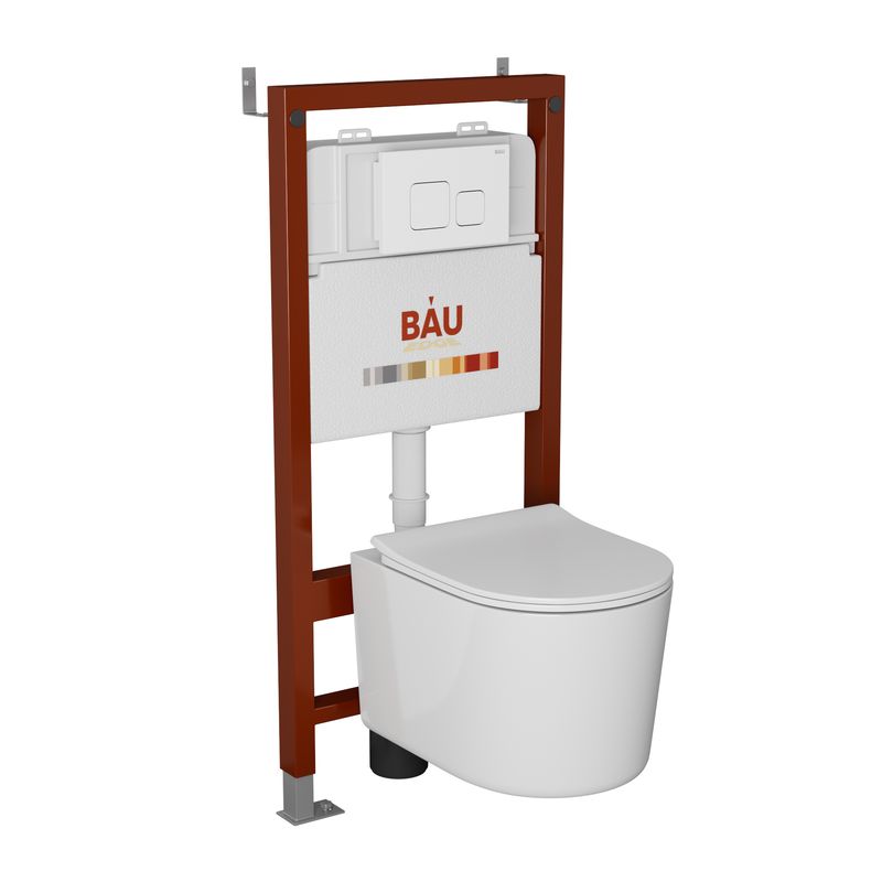 Комплект BAU 6 в 1: инсталляция BAU PRO, унитаз подвесной безободковый Bau Hotel PRO, быстросъемное сиденье микролифт, кнопка смыва BAU Soul, белая