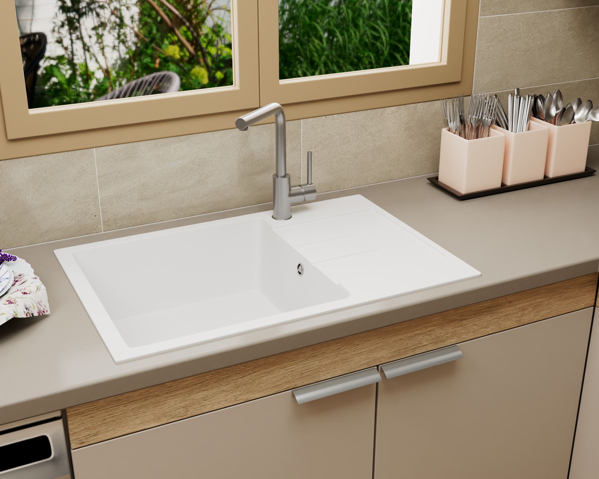 Мойка для кухни оборачиваемая с крылом BAU Stil White snow 76х50, выпуск с сифоном в комплекте, белый снег