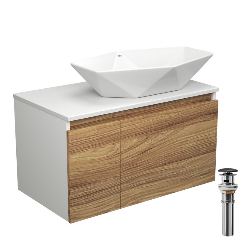 Тумба с раковиной и выпуском (тумба подвесная Bau Dream 80 + раковина на столешницу BAU Crystal 64х40, белая, выпуск клик-клак, черный)