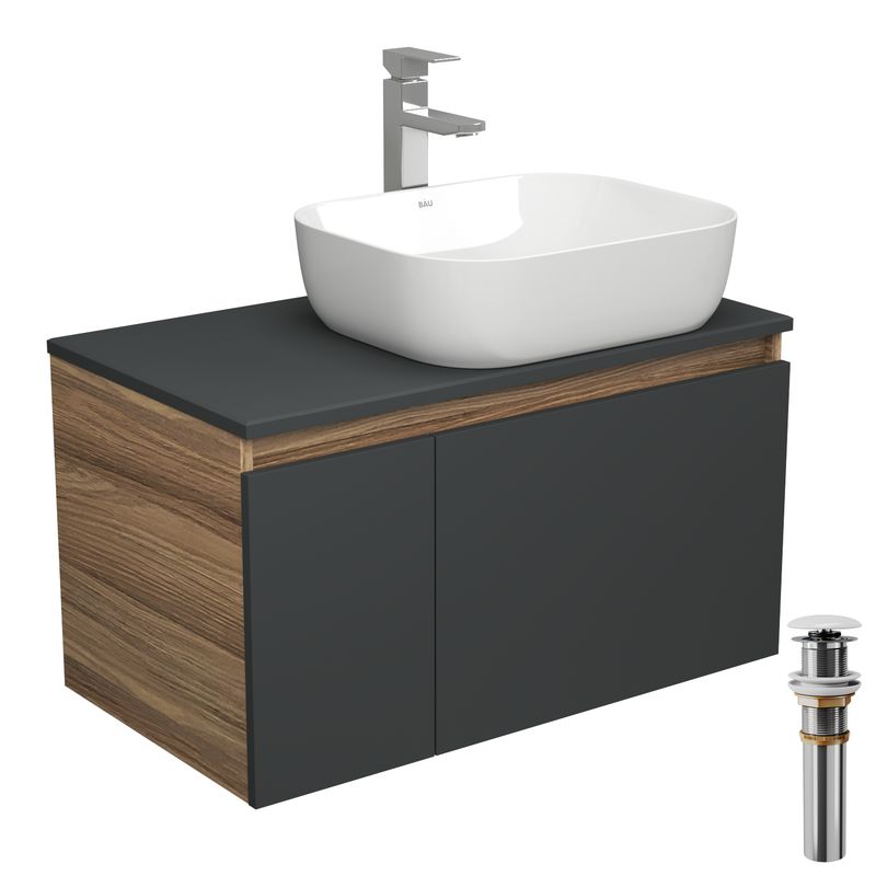 Комплект для ванной, 4 предмета (тумба Bau 80, графит + раковина BAU Stil Pro Pro 50х40 + смеситель Hotel Still, выпуск клик-клак, белый)