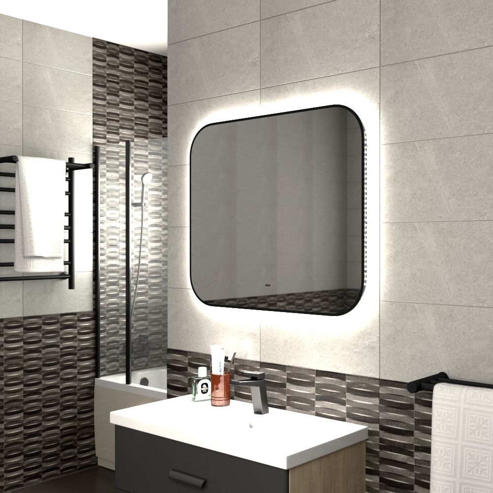 Зеркало Bau Black Rand 80х70, с LED фоновой подсветкой, бесконтактным сенсором, черной окантовкой