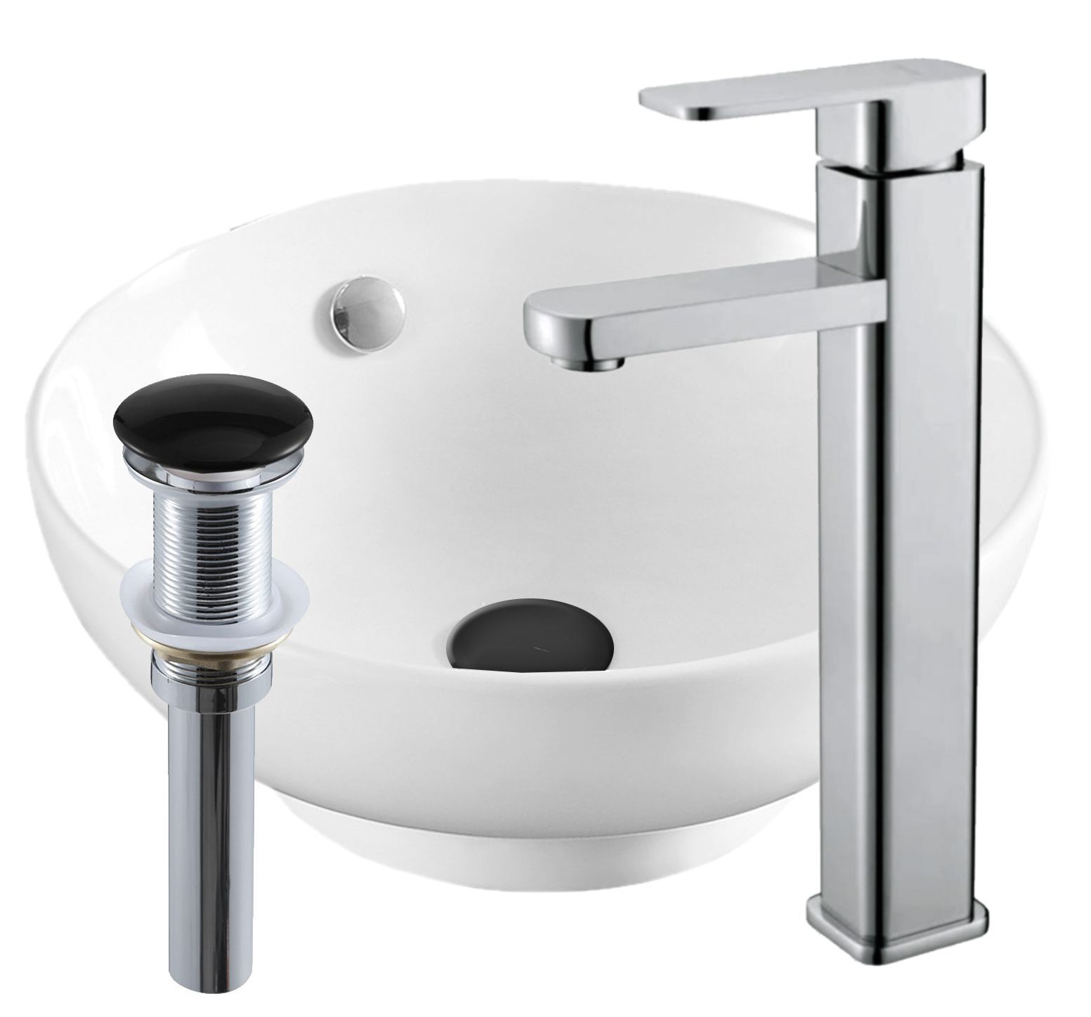 Раковина накладная со смесителем и выпуском (круглая BAU Dream D41, белая + смеситель Hotel Still, нер. сталь, выпуск клик-клак черный)