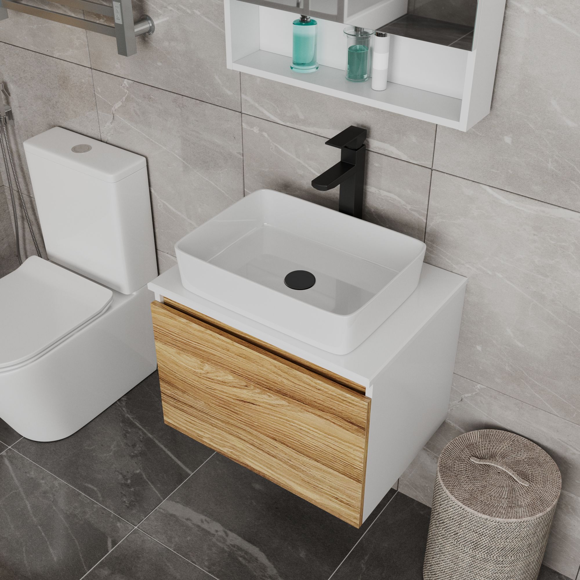 Комплект для ванной, 4 предмета (Тумба Bau Dream Blackwood 60, раковина BAU Hotel 48х37, смеситель для раковины высокий Hotel Black, черный, выпуск клик клак, черный)