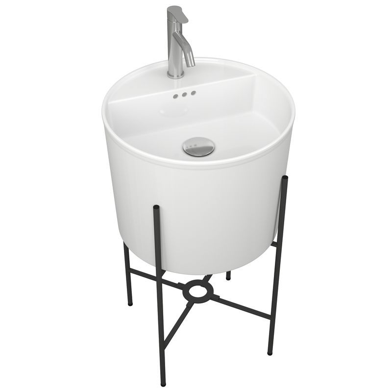 Раковина напольная с металлическими ножками и выпуском (BAU Omega белая + смеситель Dream, нерж. сталь, выпуск клик-клак хром)