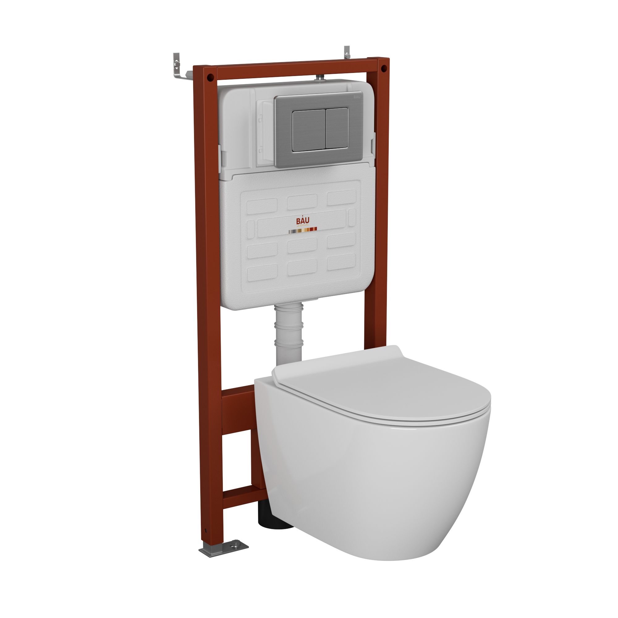 Комплект BAU 6 в 1: усиленная инсталляция BAU IDEAL, унитаз подвесной безободковый Bau Dream, сиденье дюропласт микролифт, клавиша BAU Light антивандальная, нерж. сталь брашированная
