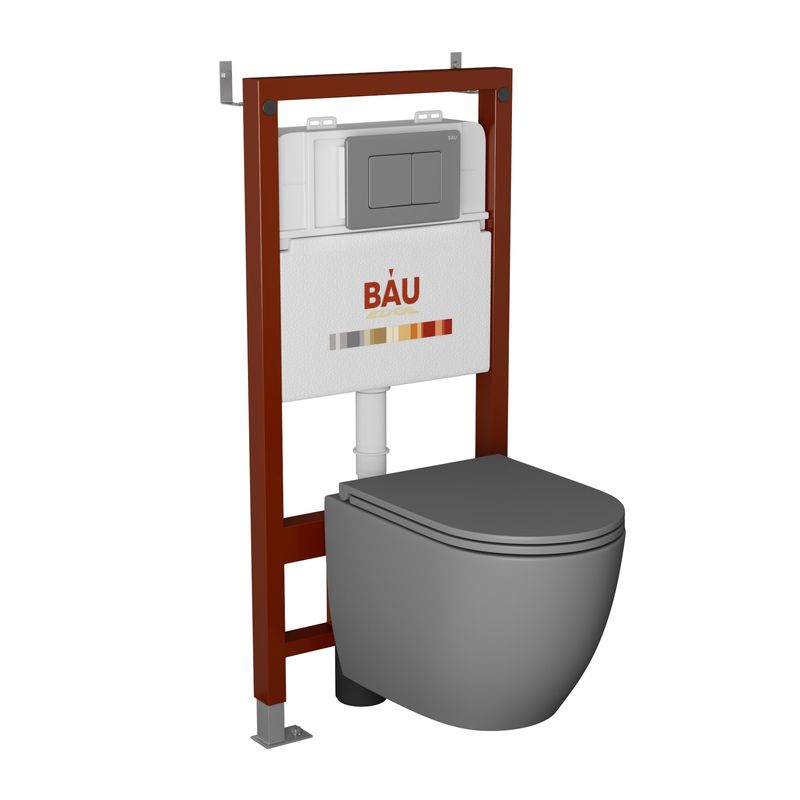 Комплект BAU 6 в 1: инсталляция BAU PRO, унитаз подвесной безободковый торнадо обратного потока Bau Dream Hurricane-2 серый матовый, сиденье дюропласт микролифт, клавиша Gun Grey, темно-серый металлик