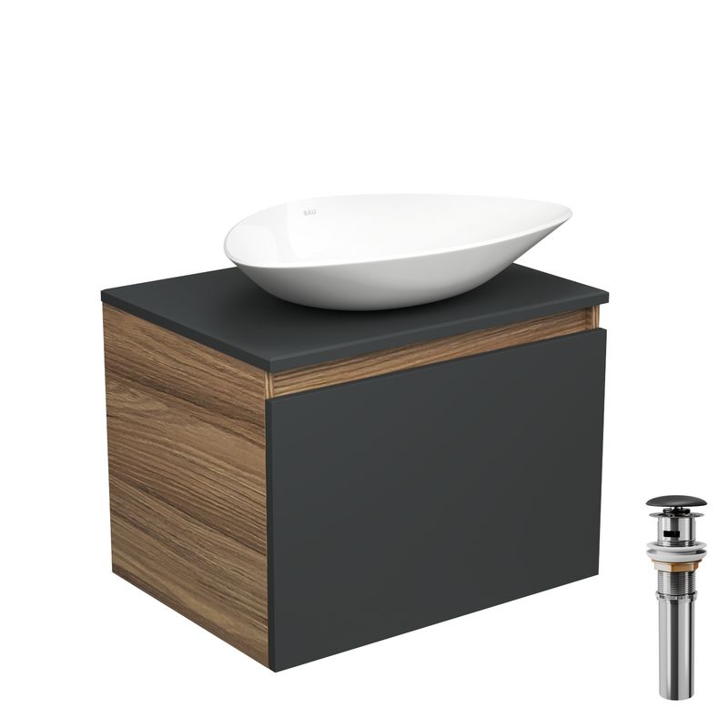 Тумба с раковиной и выпуском (тумба Bau Dream 60, графит + раковина санфаянс накладная треугольная BAU Triangle 59х39, выпуск клик-клак, черный)
