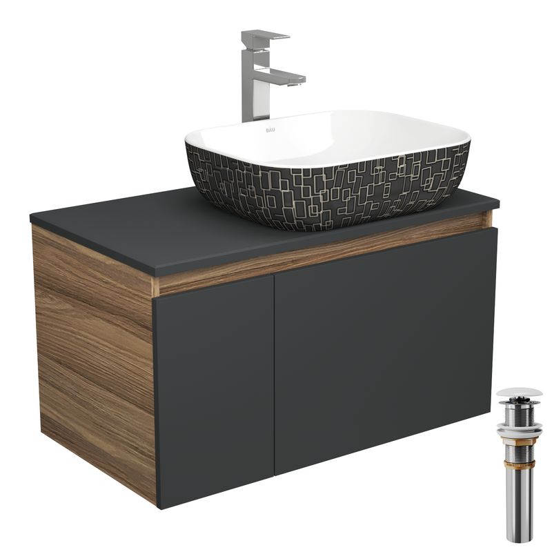 Комплект для ванной, 4 предмета (тумба Bau 80, графит + раковина BAU Stil Black White 50х40 + смеситель Hotel Still, выпуск клик-клак, белый)