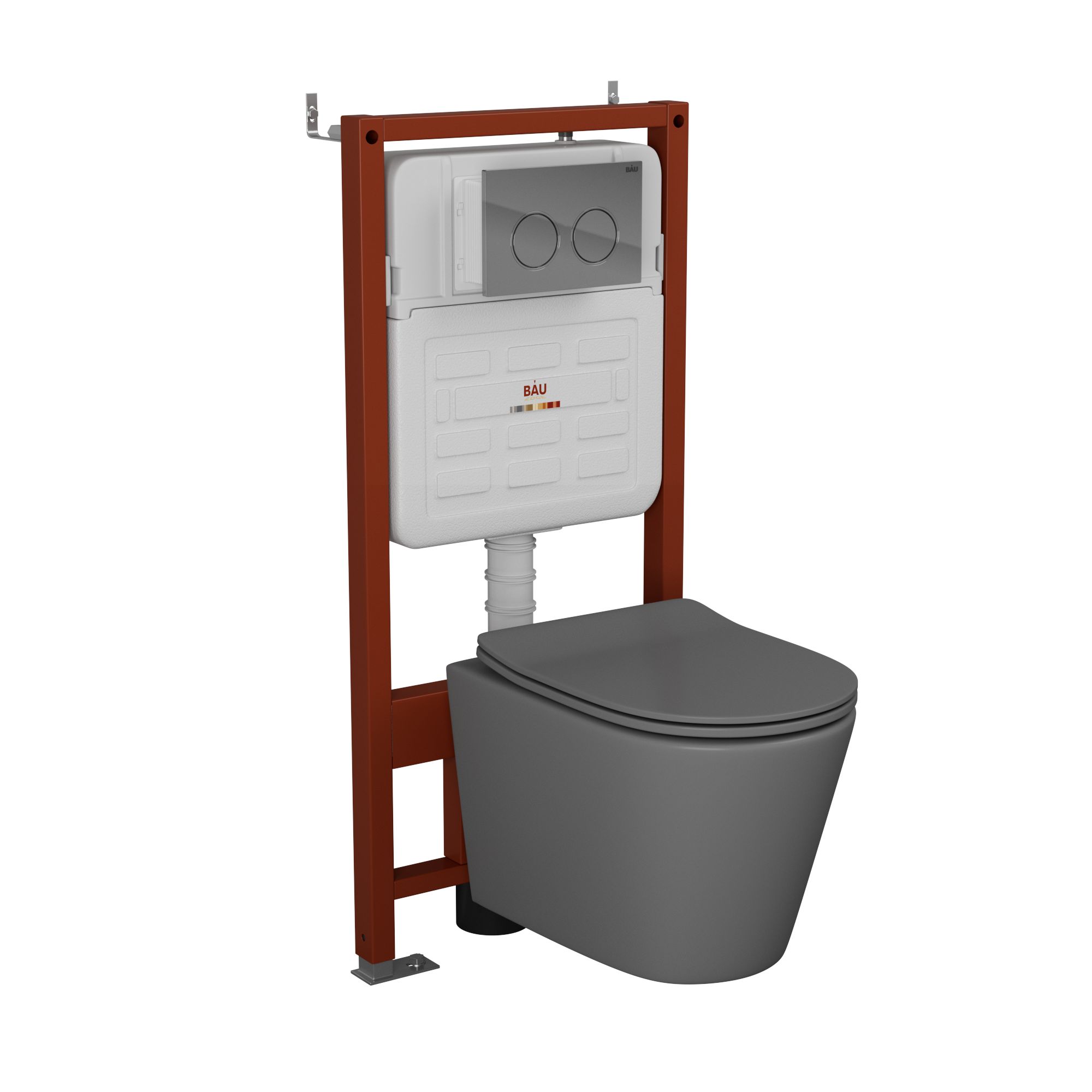 Комплект BAU 6 в 1: усиленная инсталляция BAU IDEAL, унитаз подвесной безободковый Bau Nimb темно-серый матовый, сиденье дюропласт микролифт, клавиша BAU Round, хром