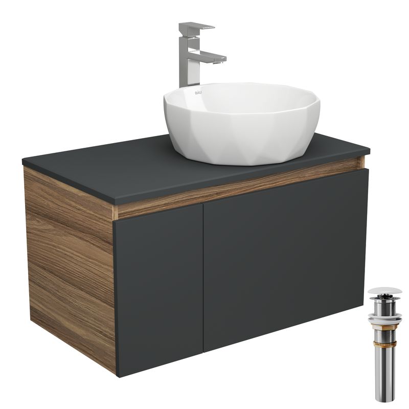 Комплект для ванной, 4 предмета (тумба Bau 80, графит + раковина на столешницу BAU Diamond D40 + смеситель Hotel Still, выпуск клик-клак, белый)