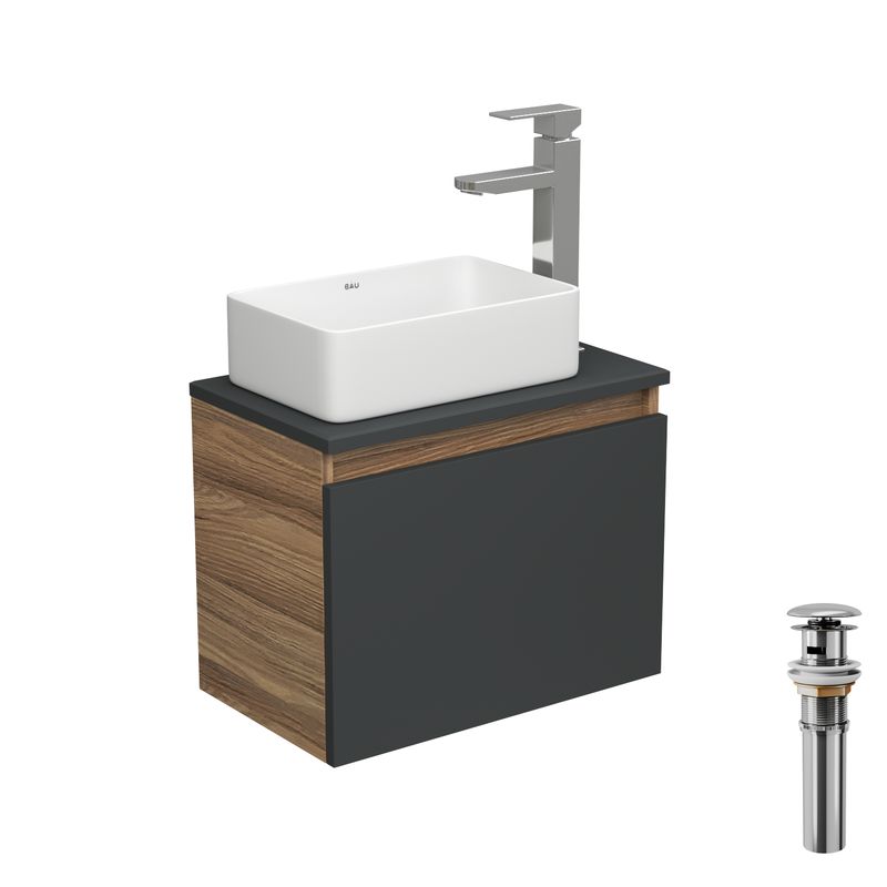 Комплект для ванной, 4 предмета (тумба Bau 50, графит + раковина BAU Hotel mini 37х23 + смеситель Hotel Still, выпуск клик-клак, хром)