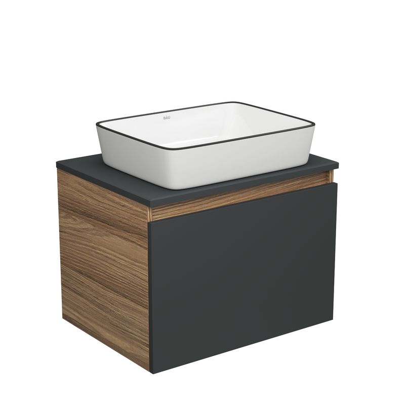 Тумба с раковиной (тумба подвесная Bau Dream Blackwood 60, графит + раковина санфаянс накладная прямоугольная BAU Hotel Black Rand 48х37)