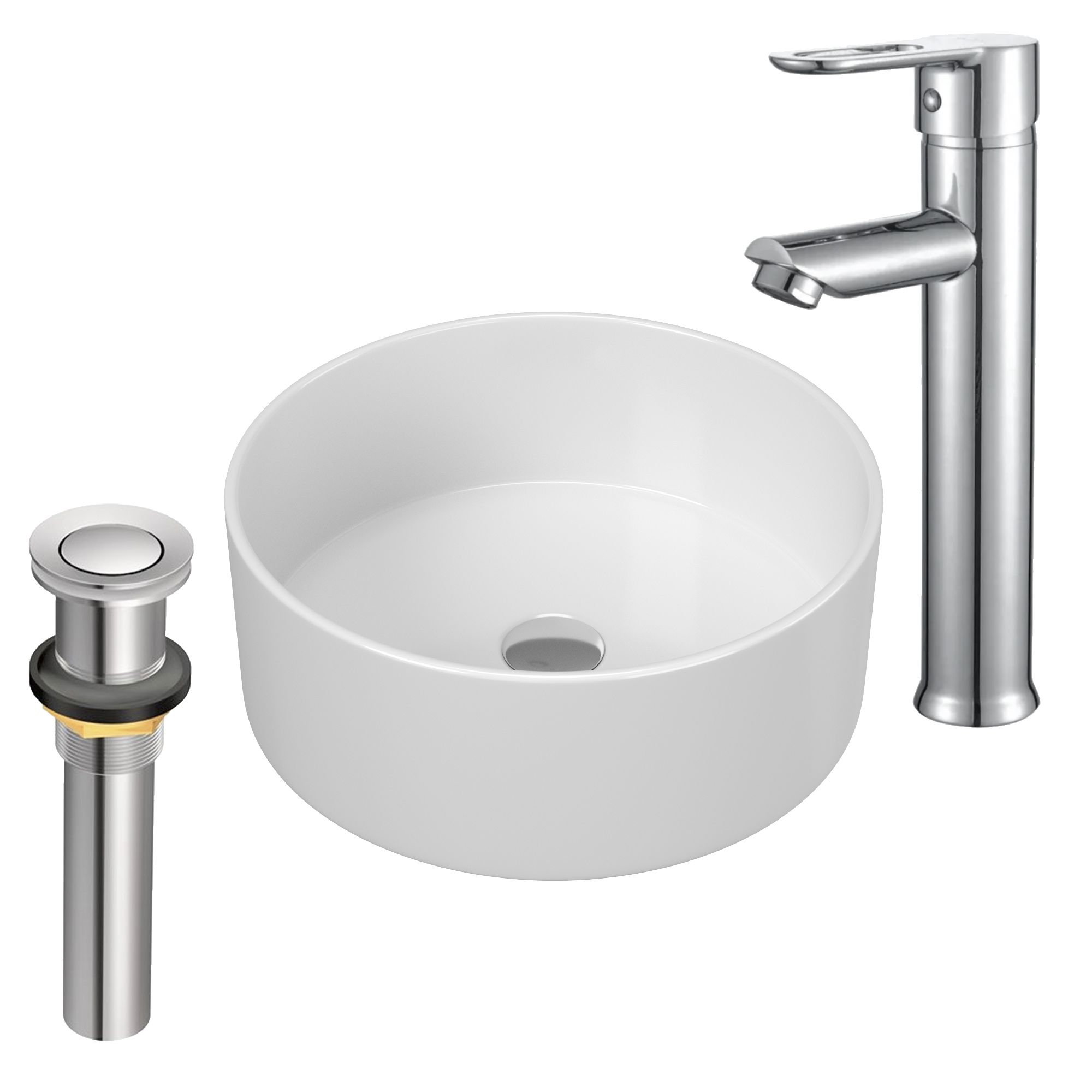 Раковина накладная со смесителем и выпуском (Умывальник BAU Dream круглый D41, белый + смеситель для раковины высокий Diadonna Dream, латунь, выпуск клик клак, хром)