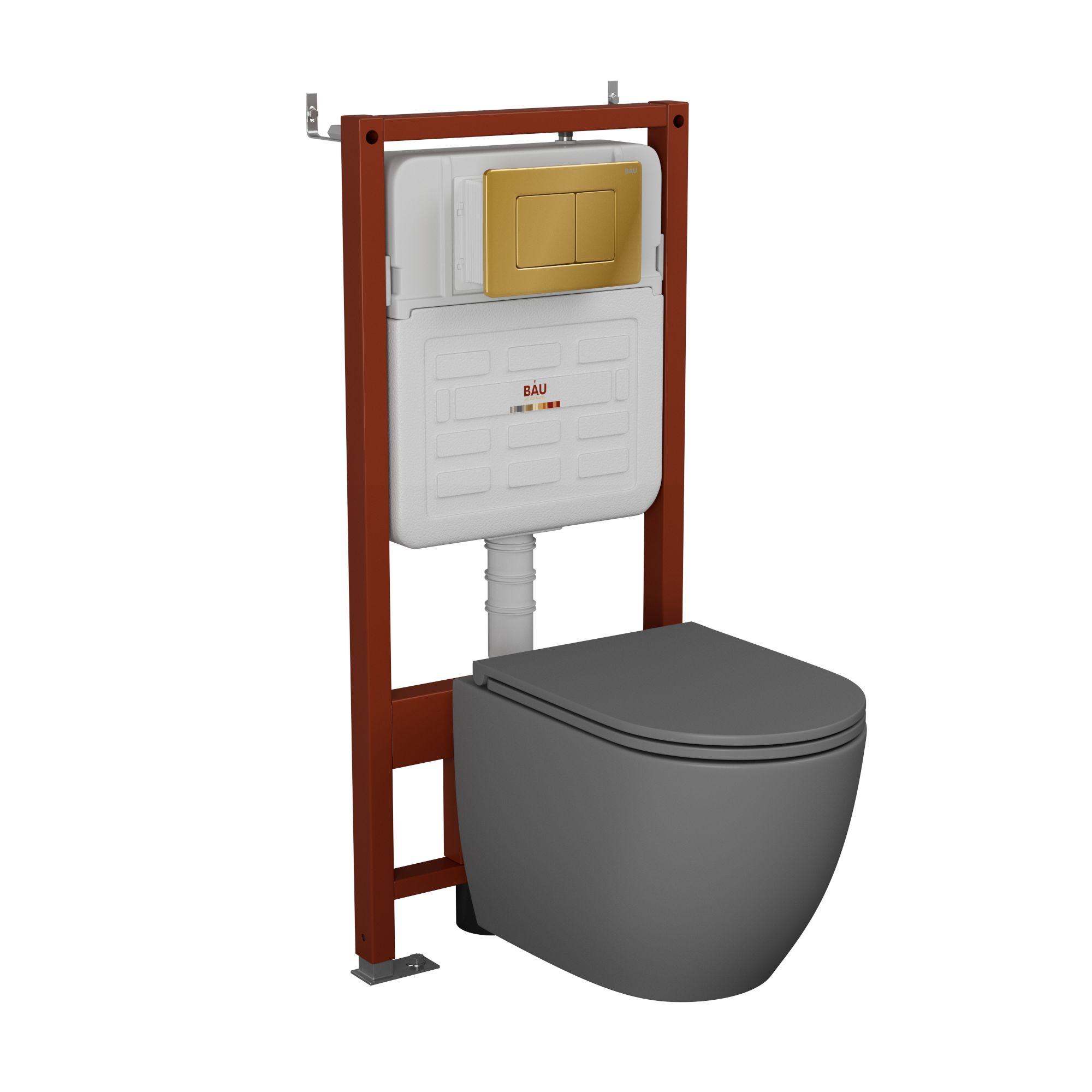 Комплект BAU 6 в 1: усиленная инсталляция BAU IDEAL, унитаз подвесной безободковый торнадо обратного потока Bau Dream Hurricane-2 темно-серый матовый, сиденье микролифт, клавиша BAU Light, золото