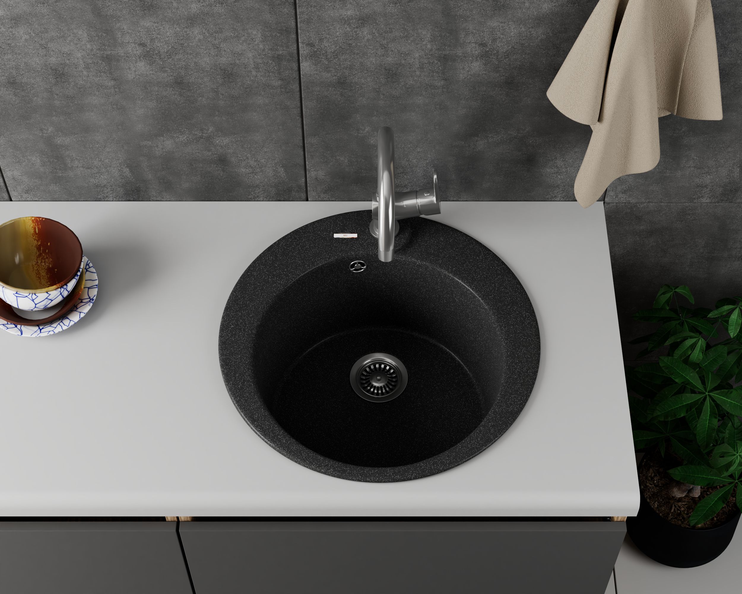 Мойка для кухни врезная кварцевая в комплекте с сифоном BAU Dream Black 51, черный