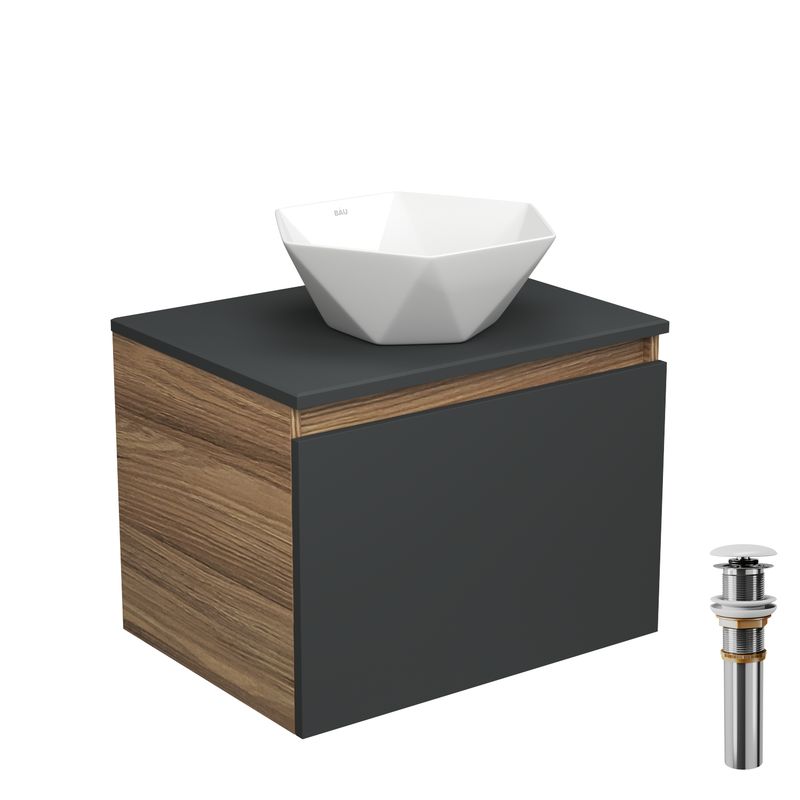 Тумба с раковиной и выпуском (тумба Bau Dream 60, графит + раковина накладная на столешницу BAU Crystal 40х40, выпуск клик-клак, белый)