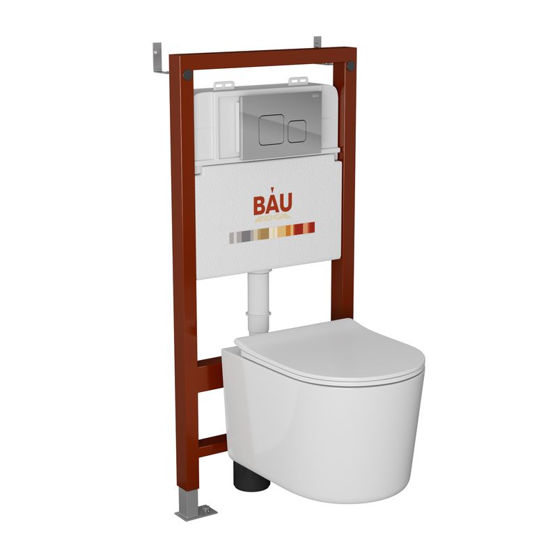 Комплект BAU 6 в 1: инсталляция BAU PRO, унитаз подвесной безободковый Bau Hotel PRO, быстросъемное сиденье микролифт, кнопка смыва BAU Soul, хром