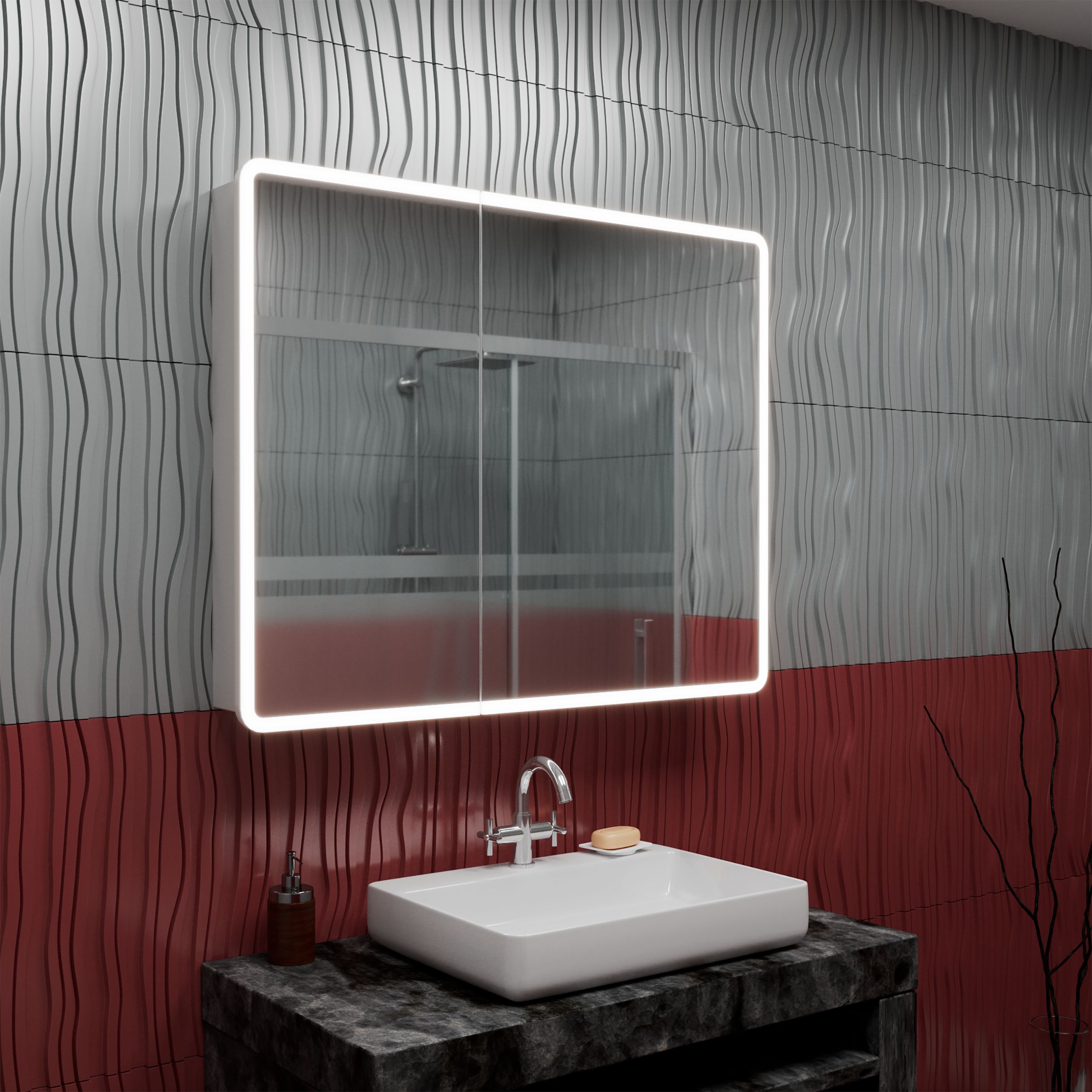 Зеркало-шкаф Bau Stil 100х80, LED подсветка, сенсор, плавное закрывание, оборачиваемый