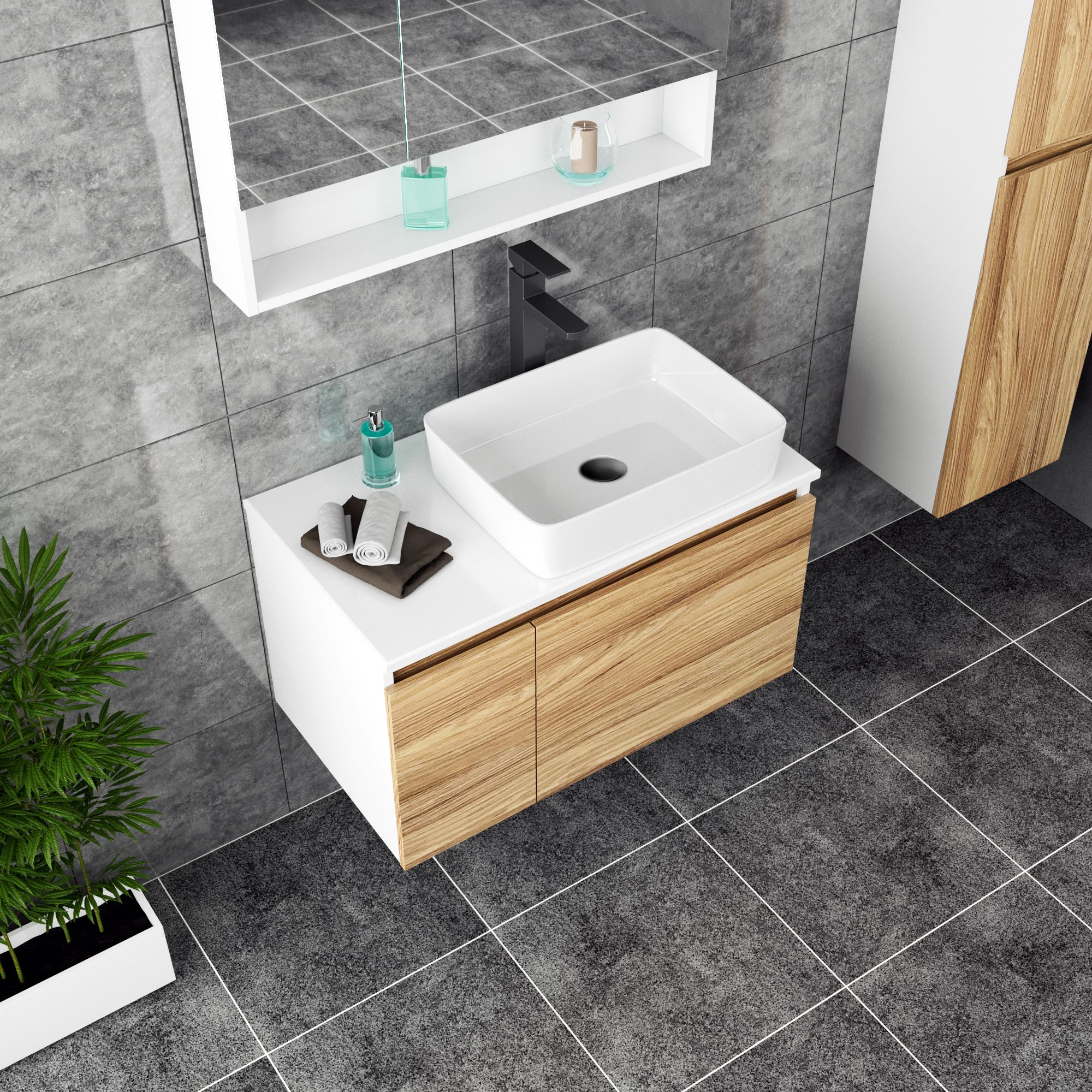 Комплект для ванной, 3 предмета (Тумба Bau Dream Blackwood 80, раковина BAU Hotel 48х37, смеситель для раковины высокий Hotel Black, черный)